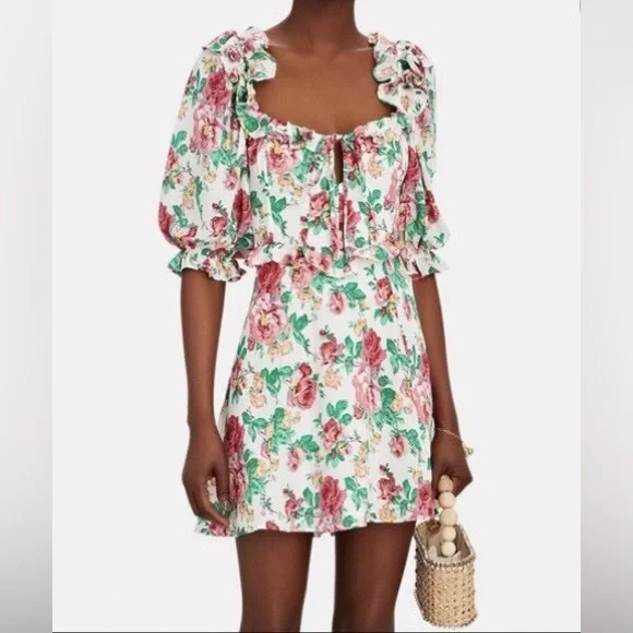 For Love & Lemons Loretta Mini Dress Floral Puff Sleeve Cutout M - Picture 3 of 10